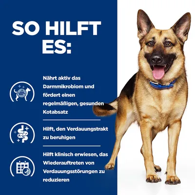 So hilft es: Nährt aktiv das Darmmikrobiom, fördert gesunden Kotabsatz, beruhigt Verdauungstrakt und reduziert klinisch erwiesen Verdauungsstörungen. Hund rechts abgebildet.