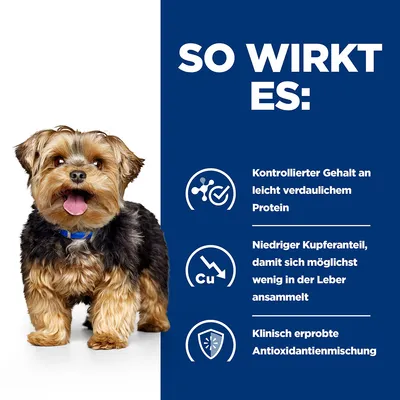 So wirkt es: Kontrollierter Gehalt an leicht verdaulichem Protein, niedriger Kupferanteil zur Minimierung in der Leber, klinisch erprobte Antioxidantienmischung. Hund abgebildet.