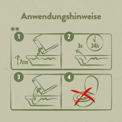 Anwendungshinweise: 7 cm einfüllen, dreimal täglich für 24 Stunden reinigen, nachfüllen, nicht in die Toilette entsorgen. Anwendungshinweise: 7 cm einfüllen, dreimal täglich für 24 Stunden reinigen, nachfüllen, nicht in die Toilette entsorgen.
