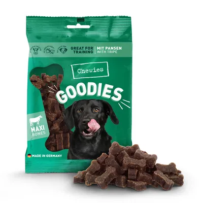 Chewies GOODIES Maxi Bones, friandises en forme d’os pour chien, avec tripe. Texte visible : Great for training, mit Pansen with tripe, made in Germany.