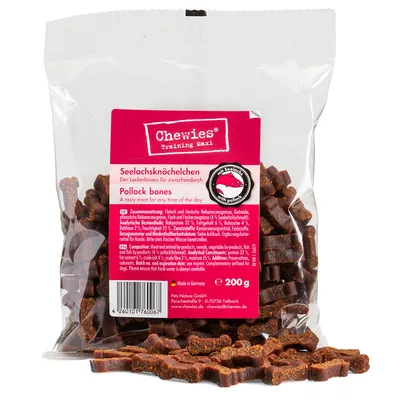 Chewies Training Maxi лакомства със сьомга, деликатес със сьомга. Съдържание: 200g. Произведено в Германия. Състав и анализ на опаковката.