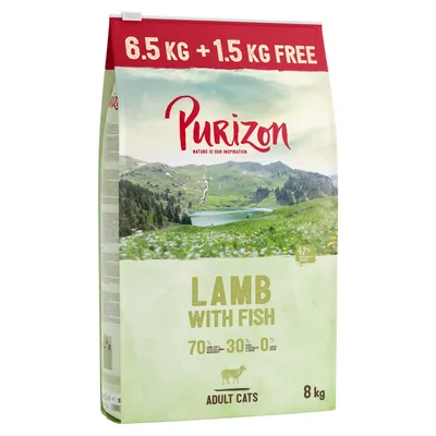 Purizon Lamb with Fish kattenvoer, 8 kg zak, 6,5 kg + 1,5 kg gratis. Voor adult cats. 70% dierlijke ingrediënten, 30% groenten & fruit, 0% granen zichtbaar op verpakking.