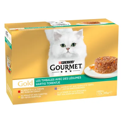 Purina Gourmet Gold Les Timbales cu legume, 12x85g. Sortimente: vită cu roșii, pui cu morcovi, miel cu fasole verde, curcan cu spanac.