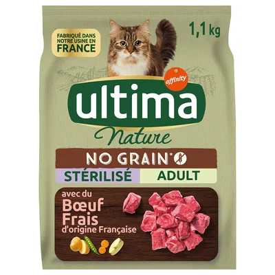 Ultima Nature No Grain Sterilisé Adult, vyrobeno ve Francii, s čerstvým hovězím francouzského původu, 1,1 kg.
