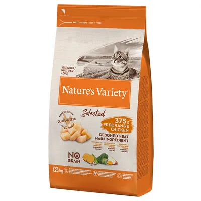 Опаковка Nature's Variety Selected за котки, 1,25 кг. Видим текст: 375 г free range chicken, deboned meat main ingredient, no grain, sterilized/neutered adult, traceability guaranteed.