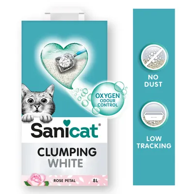 Sanicat Clumping White, Rose Petal, 8L. Texte visible : Oxygen Odour Control, No Dust, Low Tracking. Image d’une litière agglomérante blanche avec un chat dessiné.