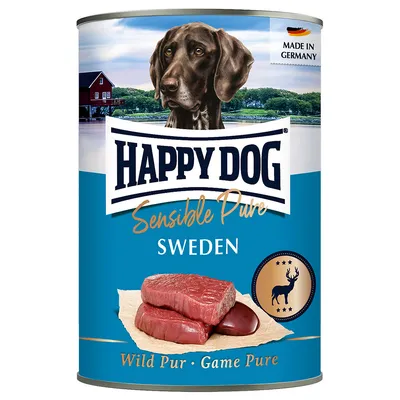 Happy Dog Sensible Pure Sweden våtfoderburk med bild på hund, rått kött och text: Wild Pur, Game Pure, Made in Germany. Märke och produktnamn synliga. Happy Dog Sensible Pure Sweden våtfoderburk med bild på hund, rått kött och text: Wild Pur, Game Pure, Made in Germany. Märke och produktnamn synliga.