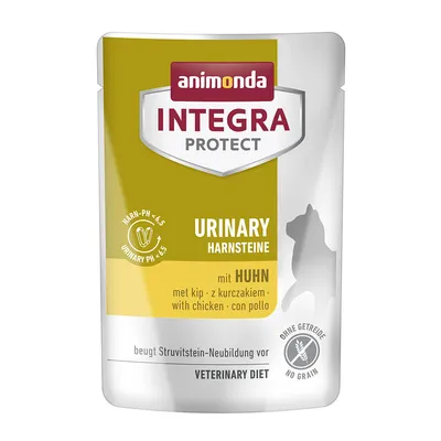 Plic Animonda Integra Protect Urinary Harnsteine cu pui, fără cereale, pentru dietă veterinară. Text vizibil: urinary pH <4,5, mit Huhn, with chicken, veterinary diet.