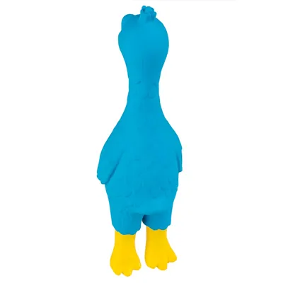 Blauw hondenspeelgoed in de vorm van een vogel met gele poten.