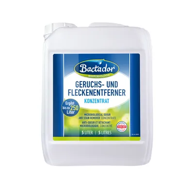 Bactador Geruchs- und Fleckenentferner Konzentrat, 5 litri, rende fino a 250 litri. Testo in tedesco e inglese sull'etichetta. Tanica bianca con etichetta blu e verde.