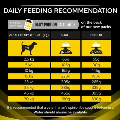 Daily feeding recommendation table showing adult and senior daily food amounts in grams for body weights from 2.5kg to 70kg. Water should always be available. Vet advice recommended.