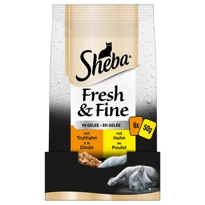 Sheba Fresh & Fine kissan märkäruoka hyytelössä, 6 x 50 g annospakkausta. Makuina kalkkuna (mit Truthahn) ja kana (mit Huhn). Kuvassa harmaa kissa.