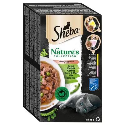 Sheba Nature's Collection в сос, фин микс Terre & Mer, 8x85g. Сертифицирани устойчиви морски дарове MSC. Видим символ за рециклиране.