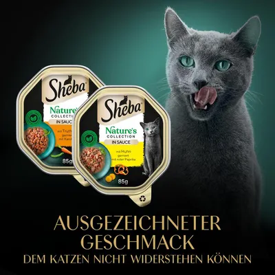 Sheba Nature's Collection in Sauce, barquettes de 85g, avec dinde et carotte ou poulet et poivron rouge. Texte en allemand : Ausgezeichneter Geschmack dem Katzen nicht widerstehen können.