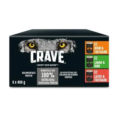 CRAVE 6 x 400 g, 2x Huhn & Truthahn, 2x Lamm & Rind, 2x Lachs & Truthahn. Gemaakt met 100% natuurlijk dierlijk eiwit. Tekst in het Duits zichtbaar op verpakking.
