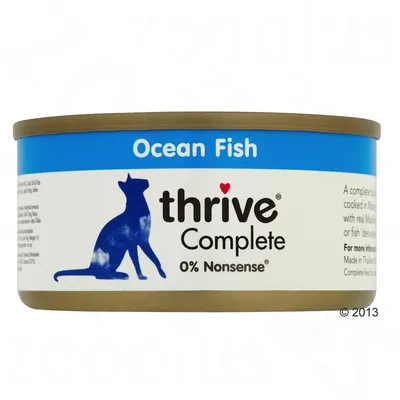 Thrive Complete Ocean Fish, karma dla kotów bez dodatków. Puszka z niebieskim wzorem i sylwetką kota.