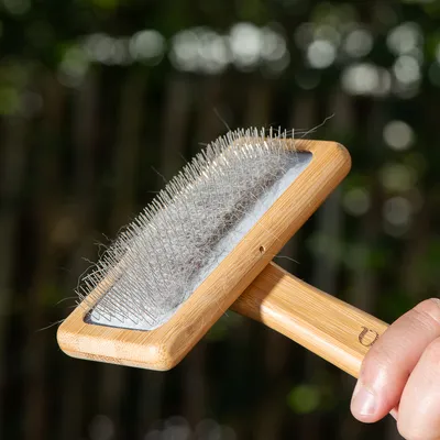 Wooden brush with metal bristles, suitable for removing pet hair. Shows a hand holding the brush with hair between the bristles.