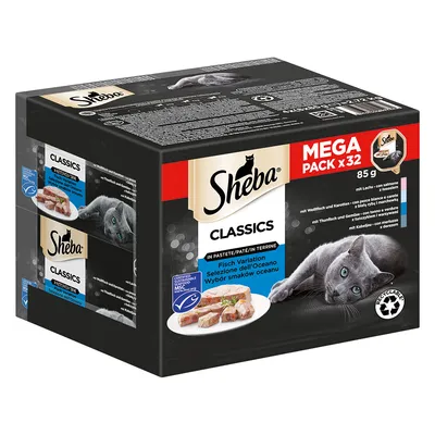 Sheba Classics Mega Pack x32, рыбное ассорти в паштете. С лососем, белой рыбой и морковью, тунцом и овощами, треской. MSC-сертифицировано, перерабатываемая упаковка.