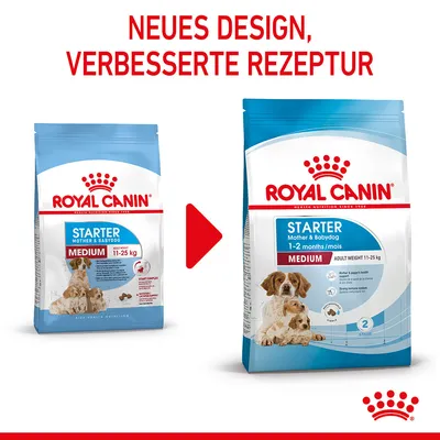 Comparaison de deux sacs Royal Canin Starter Mother & Babydog Medium 11–25 kg, ancien et nouveau design. Texte en haut : NEUES DESIGN, VERBESSERTE REZEPTUR (allemand).
