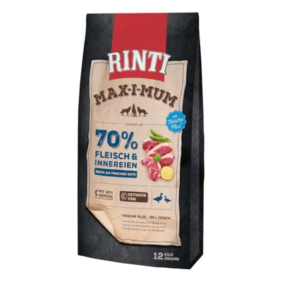 Rinti Max-i-Mum hundefoder, 70% kød og indmad, rig på frisk and, med Frische Plus, kornfri, 12 kg pakke.