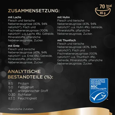 Состав: с лососем, уткой, курицей, тунцом. Аналитические компоненты: белок 8,5 %, жир 5 %, зола 1,8 %, клетчатка 0,3 %, влага 83 %. Сертификат MSC. 70 ккал, 85 г.