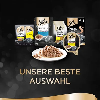 Ассорти влажных кормов для кошек Sheba: Perfect Portions, Delikatesse, Fresh & Fine, Creamy Snacks, Selection. На немецком: UNSERE BESTE AUSWAHL.