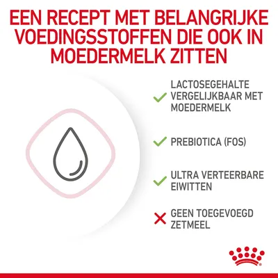 Een recept met belangrijke voedingsstoffen die ook in moedermelk zitten: lactosegehalte vergelijkbaar met moedermelk, prebiotica (FOS), ultra verteerbare eiwitten, geen toegevoegd zetmeel.