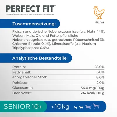 Perfect Fit Huhn. Protéines 28 %, matières grasses 15 %, cendres 8 %, fibres brutes 2 %, glucosamine 54 mg/100g, 384 kcal/100g. Senior 10+, moins de 10 kg. Texte en allemand.