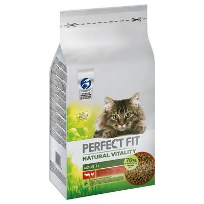 Sac de croquettes pour chat Perfect Fit Natural Vitality adult 1+, avec bœuf et poulet, 70 % de protéines d’origine animale, image d’un chat et croquettes visibles sur l’emballage.