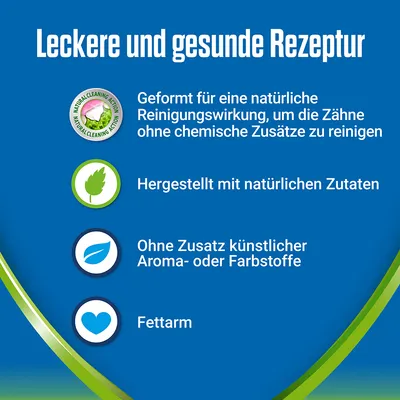 Leckere und gesunde Rezeptur: Geformt für natürliche Reinigungswirkung, hergestellt mit natürlichen Zutaten, ohne künstliche Aroma- oder Farbstoffe, fettarm.