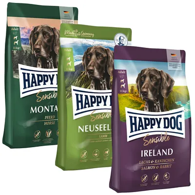 Happy Dog Sensible Trockenfutter für Hunde, Sorten: Montana (Pferd), Neuseeland (Lamm), Ireland (Lachs & Kaninchen), Made in Germany, ohne Konservierungsstoffe, Packungsgröße 11kg.