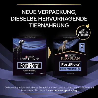 Purina Pro Plan FortiFlora Canine Probiotic. Neue Verpackung, dieselbe hervorragende Tiernahrung. Zum Recyceln bestimmt. Recyclingmöglichkeiten auf www.purina.eu/packaging prüfen.