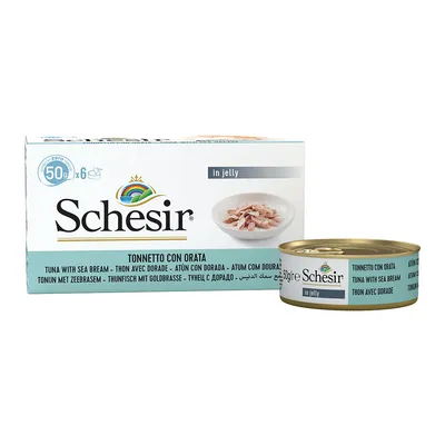 Schesir Thon avec dorade en gelée, boîte de 50 g, pack de 6. Texte visible : in jelly, tonnetto con orata, tuna with sea bream, thon avec dorade.