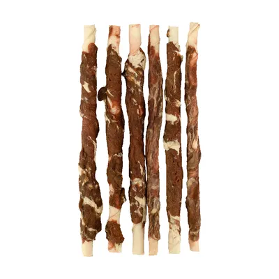Sechs Kausnacks in Stangenform, mit brauner und weisser Fleischoptik.