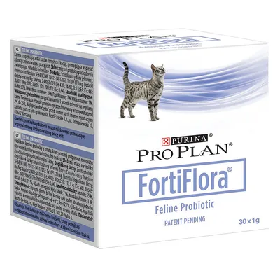 Кутия Purina Pro Plan FortiFlora Feline Probiotic, 30×1 г. Видими са текстове на различни езици и изображение на котка върху опаковката.