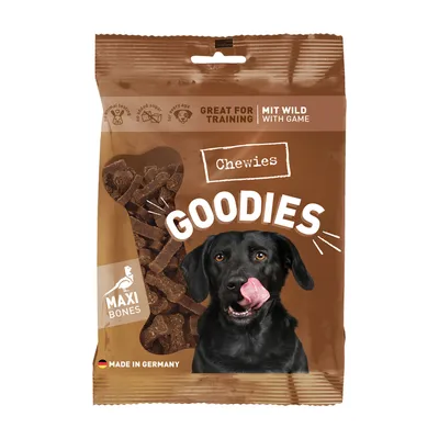 Sachet de friandises Chewies Goodies Maxi Bones, goût gibier, mention « Great for training », texte en anglais et allemand, fabriqué en Allemagne.