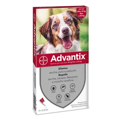 Advantix Bayer spot-on per cani oltre 10 kg fino a 25 kg. Elimina zecche, pulci e pidocchi. Repelle zecche, zanzare, flebotomi e mosche cavalline. Confezione da 4 x 2,5 ml.