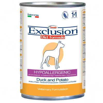 Dorado Exclusion Diet Formula hundmatburk, text: Hypoallergenic, Duck and Potato, Veterinary Formulation, Product of Italy, Grain Free, 1+1 Protein-Carbohydrate.