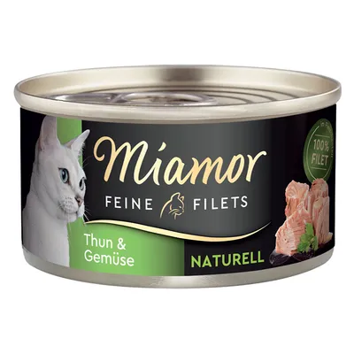 Miamor Feine Filets Thun & Gemüse, Naturell. 100% Filet, Dose mit Katzenmotiv und Abbildung von Thunfischstücken.