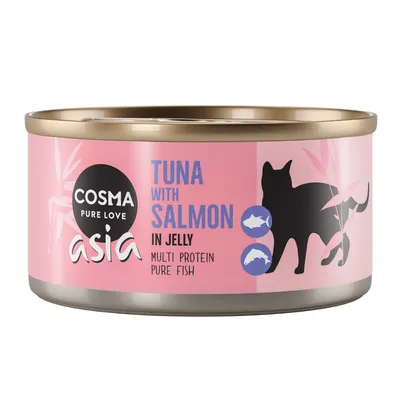 Консерва Cosma Pure Love Asia, Tuna with Salmon in Jelly, Multi Protein Pure Fish. Розова опаковка с черна котка и рибки. Текстът е на английски.
