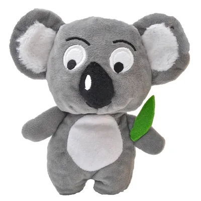 Grijs pluchen speelgoed in de vorm van een koala met witte oren, zwarte neus en groen blad aan de zijkant.
