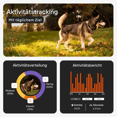 Aktivitätstracking mit täglichem Ziel, Aktivitätsverteilung: Gering 50%, Moderat 35%, Intensiv 15%. Aktivitätsbericht mit 3435 Schritten und 6,5 km pro Tag.