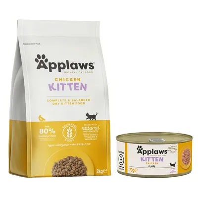 Applaws Chicken Kitten, comida para gatitos. Saco de 2 kg y lata de 70 g. Texto visible: min. 80 % animal protein, grain free recipe, made with natural ingredients, hypo-allergenic with prebiotic.