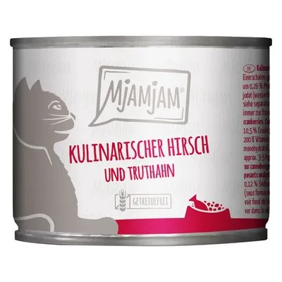 Mjamjam kattenvoer blik, tekst: Kulinarischer Hirsch und Truthahn, getreidefrei. Tekst op het blik is in het Duits.