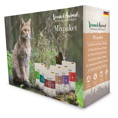 Venandi Animal Premium Katzenfutter Mixpaket. Enthält: 2x Huhn, 2x Rind, 2x Pferd, 2x Kalb, 2x Truthahn, 2x Schaf als Mono-Protein. Made in Germany, naturbelassen, regionale Zutaten.