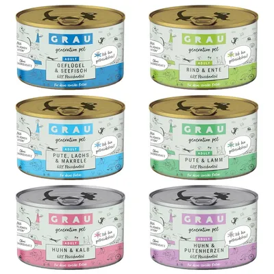 GRAU Adult wet cat food, varieties: poultry & sea fish, beef & duck, turkey, salmon & mackerel, turkey & lamb, chicken & veal, chicken & turkey hearts. No added sugar, grain-free, 68% meat content.