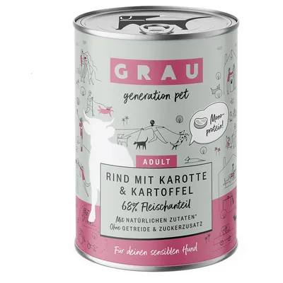 GRAU Adult hovězí s mrkví a bramborem, 68 % podíl masa, s přírodními ingrediencemi, bez obilovin a přidaného cukru. Pro citlivé psy. Monoprotein.