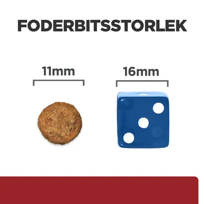 Foderbitsstorlek: foderbit 11 mm bred jämförs med en blå tärning 16 mm bred. Text: FODERBITSSTORLEK, 11 mm, 16 mm.