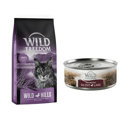 Wild Freedom Wild Hills dry cat food 6.5kg bag, text: 100% grain-free recipe, lots of fresh poultry meat with duck; Wild Freedom Silent Lake wet food tin, text: Instinctive Silent Lake