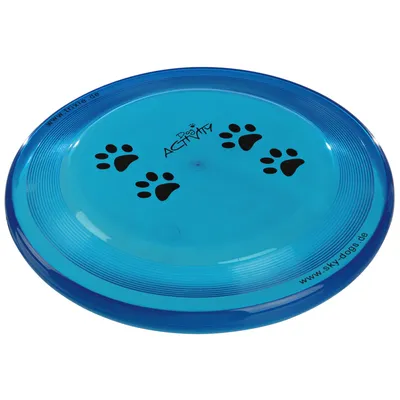 Dog Activity frisbee z niebieskiego tworzywa sztucznego z czarnymi odciskami łap i napisem www.sky-dogs.de na krawędzi.